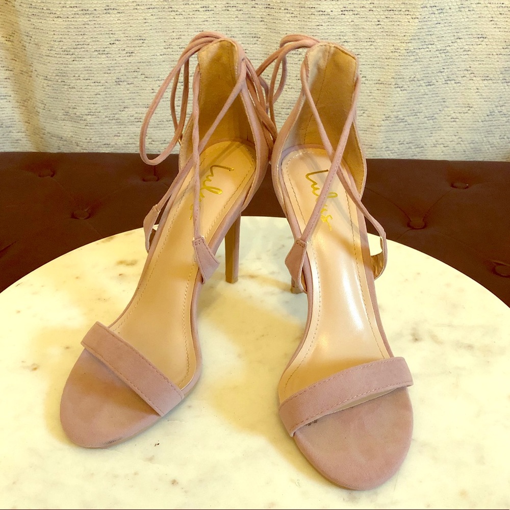 Blush pink suede strappy heels